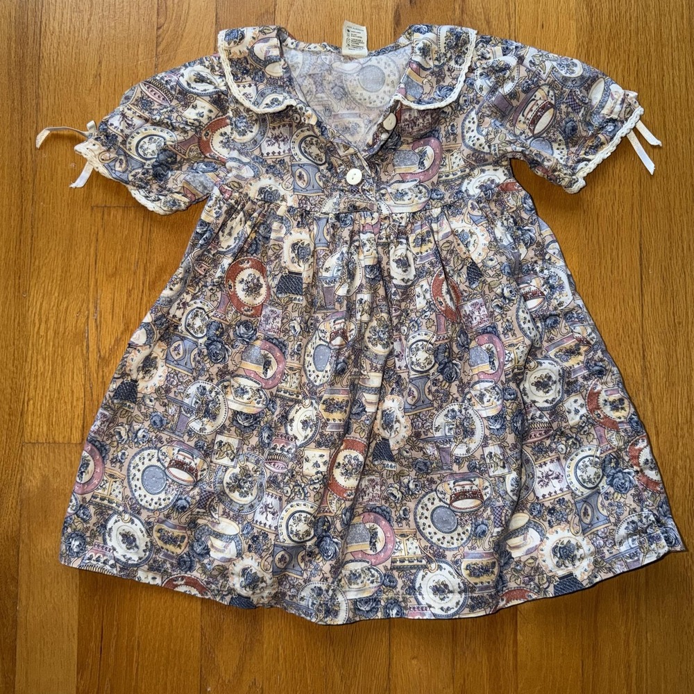 Vintage Kids Dress Girls 2‎ Multicolor Teacup China Print Peter Pan Collar Lined